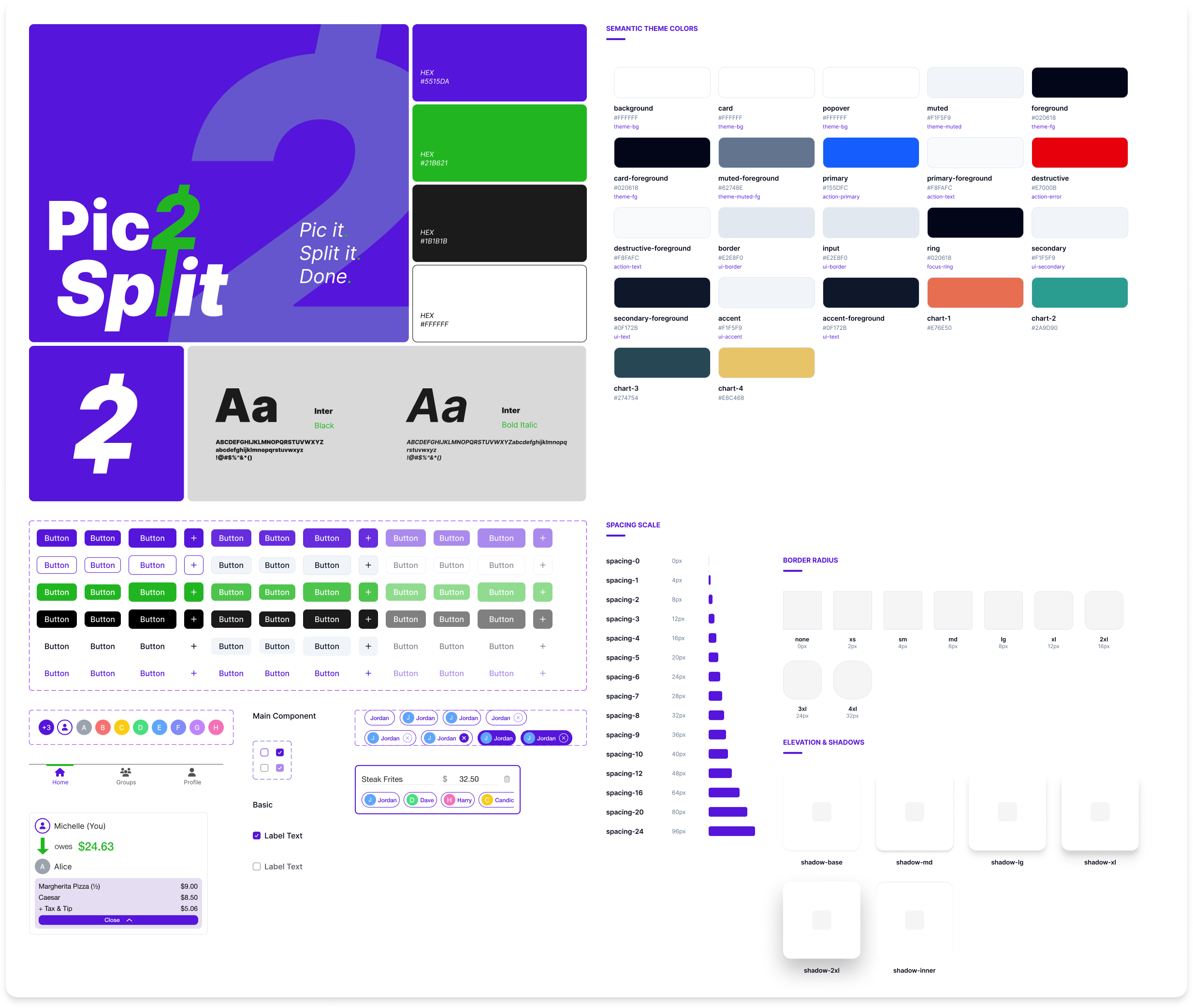 Pic2Split visual style guide: logo, color palette, and Inter typography